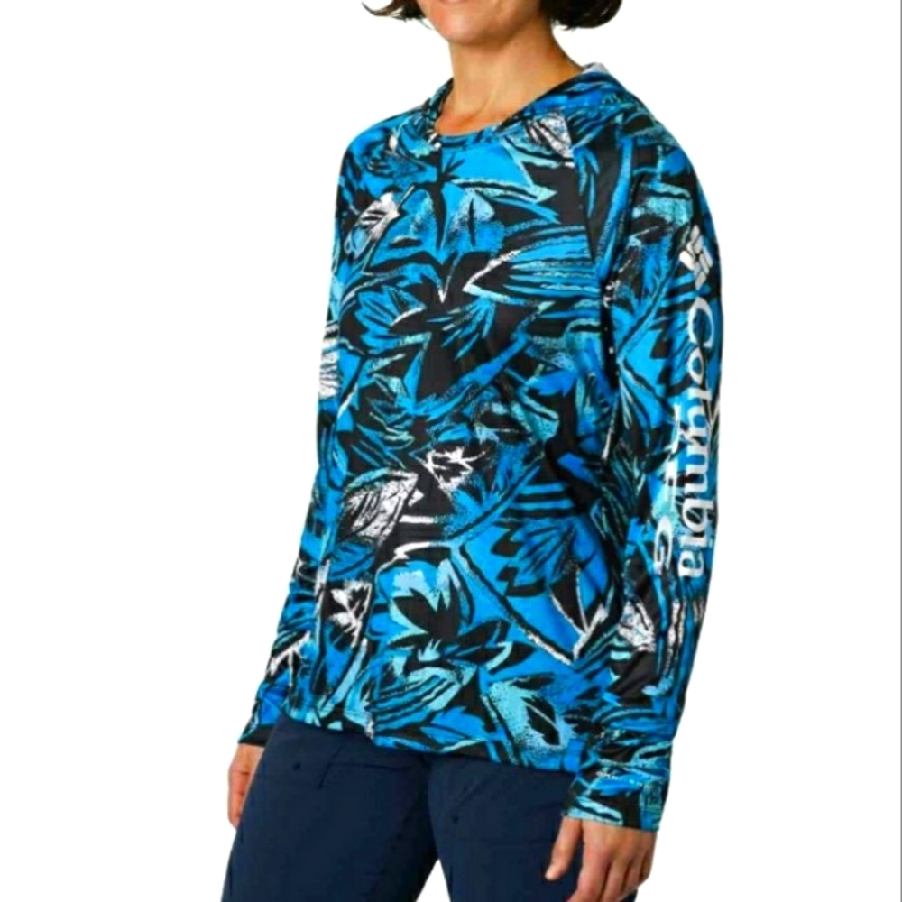Columbia Womens PFG 50 Super Tidal™ Hoodie Top multicolored thumb hole, Size S/P